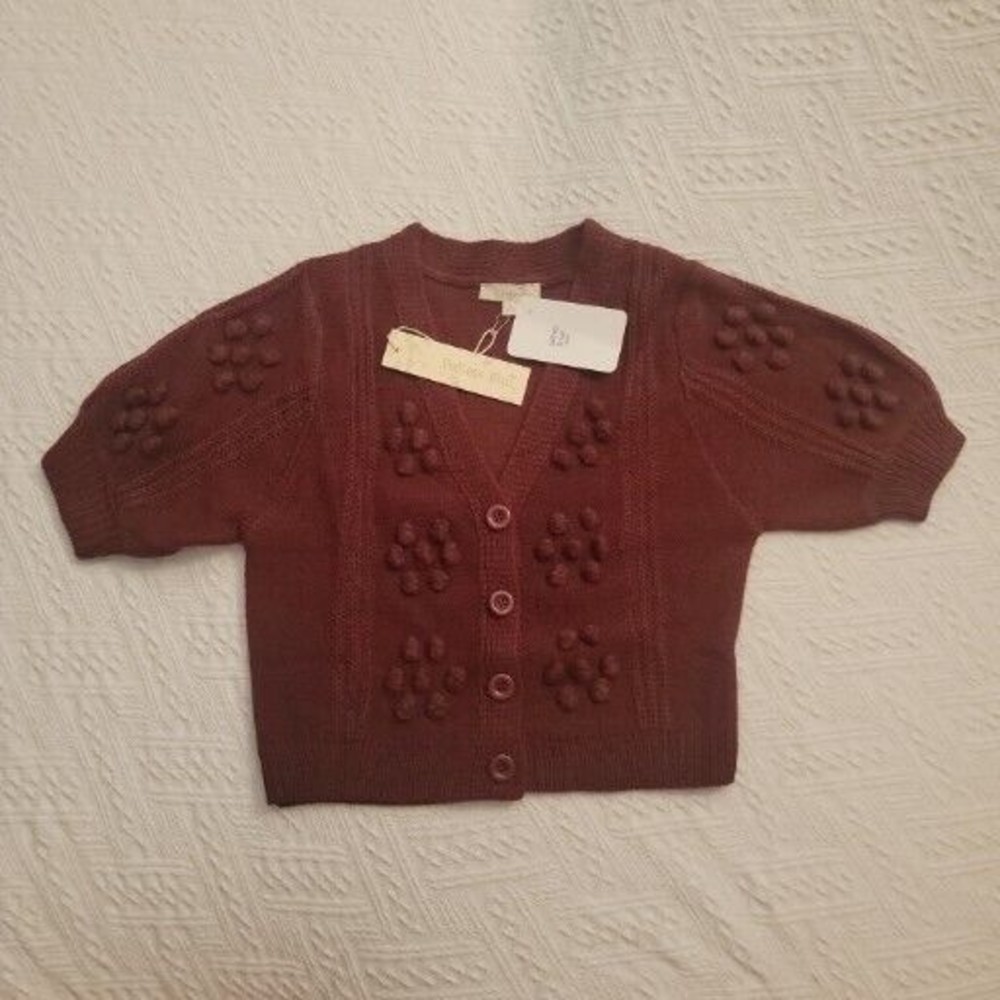Endless Blu Short Sleeve Crop Cardigan Colby Sweater S Burgundy NWT Puff Sleeve